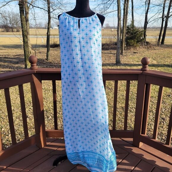 Old Navy White Blue Sleeveless Split V-Neck Geometric Print Shift Dress Size S - Picture 5 of 15